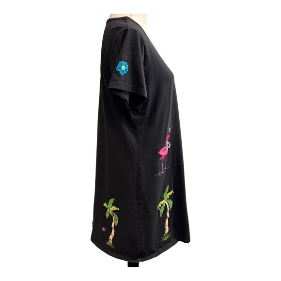 Pushpa TShirt Dress Women M Black Embroidered Beaded Flamingo Palm Tree Vacation - Picture 5 of 8